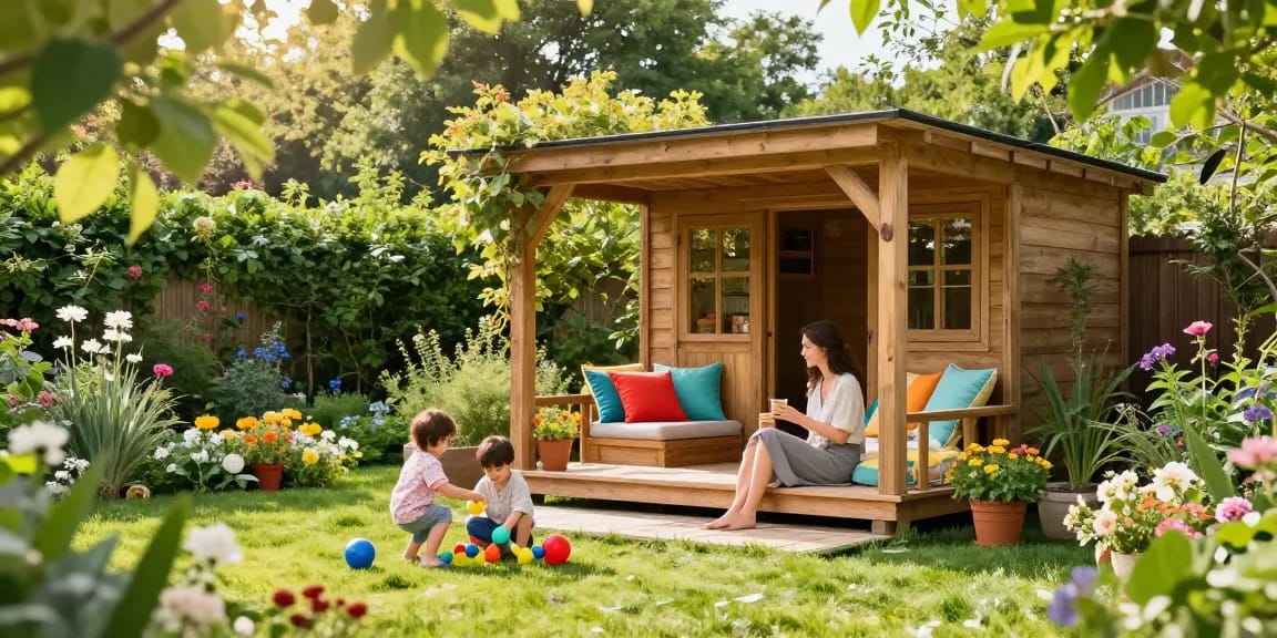 Ein wunderschönes Gartenhaus im Grünen, umgeben von Blumen und einer Familie, die entspannt auf der Terrasse genießt.