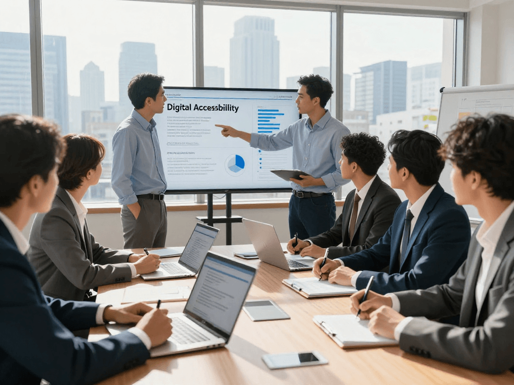 Branchenlösungen – Übersicht in a business meeting about digital accessibility and compliance solutions.