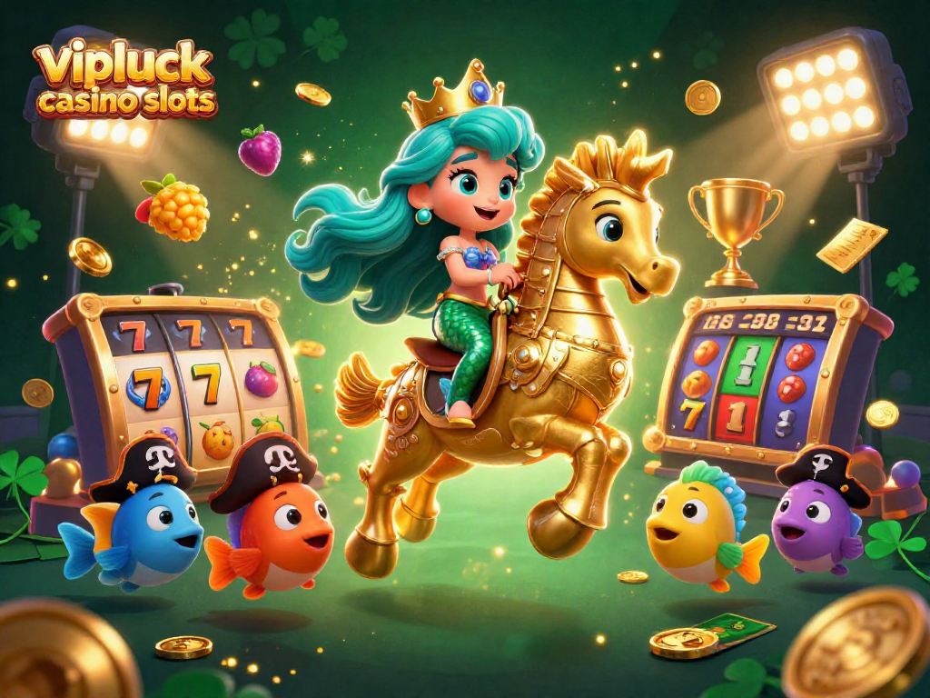 Erleben Sie die aufregenden VIPLuck Casino Slots mit einer Prinzessin, die auf einem Seeungeheuer reitet.