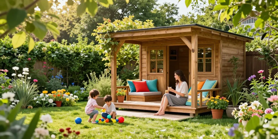 Ein wunderschönes Gartenhaus im Grünen, umgeben von Blumen und einer Familie, die entspannt auf der Terrasse genießt.