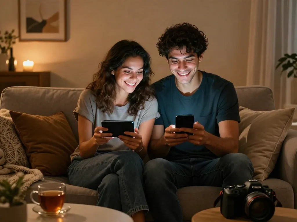 Engaging in horny AI chat on a smartphone, intimate home setting capturing playful energy.