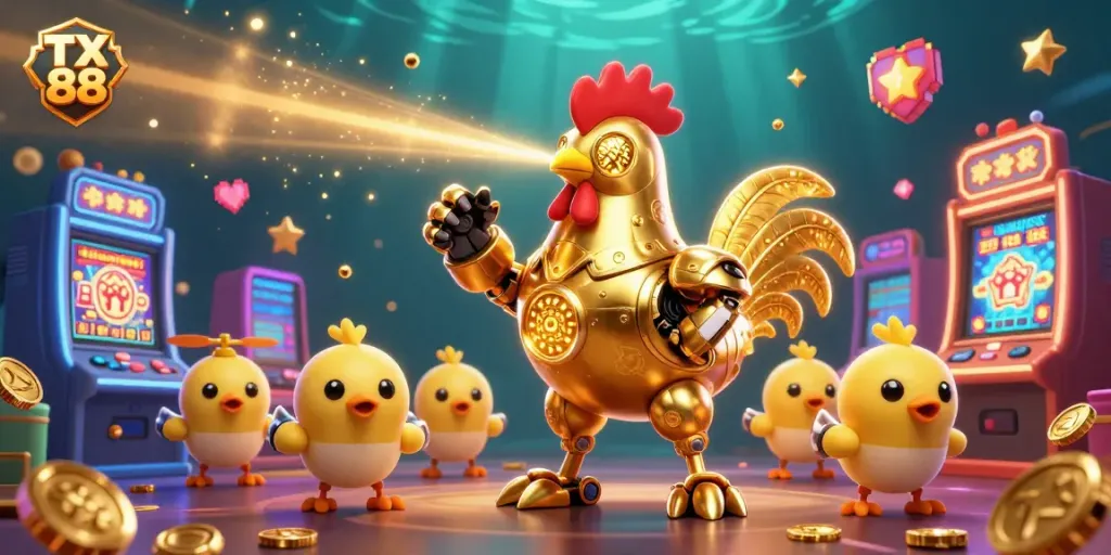 Engage with TX 88 in a vibrant 3D casino illustration featuring a golden rooster robot and baby chick drones.