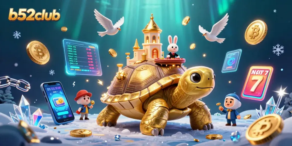 Engage with b52club's thrilling casino action featuring a vibrant 3D illustration of a golden tortoise casino.