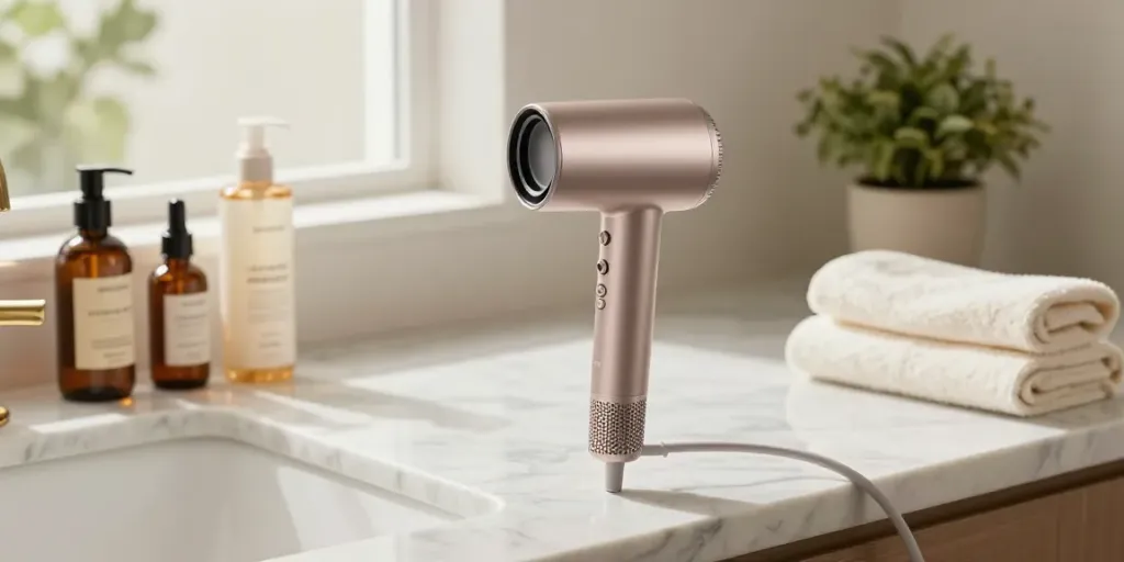 Eleganter Haartrockner mit Ionen-Technologie auf Marmortisch im Badezimmer, umgeben von hochwertigen Pflegeprodukten.