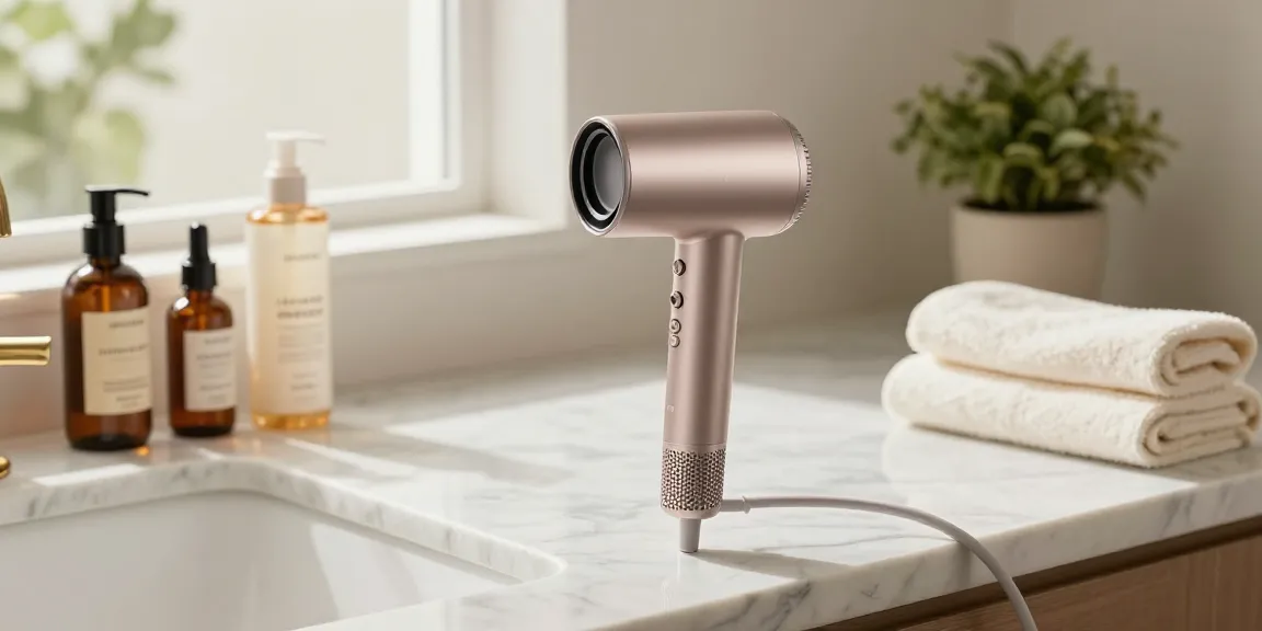 Eleganter Haartrockner mit Ionen-Technologie auf Marmortisch im Badezimmer, umgeben von hochwertigen Pflegeprodukten.