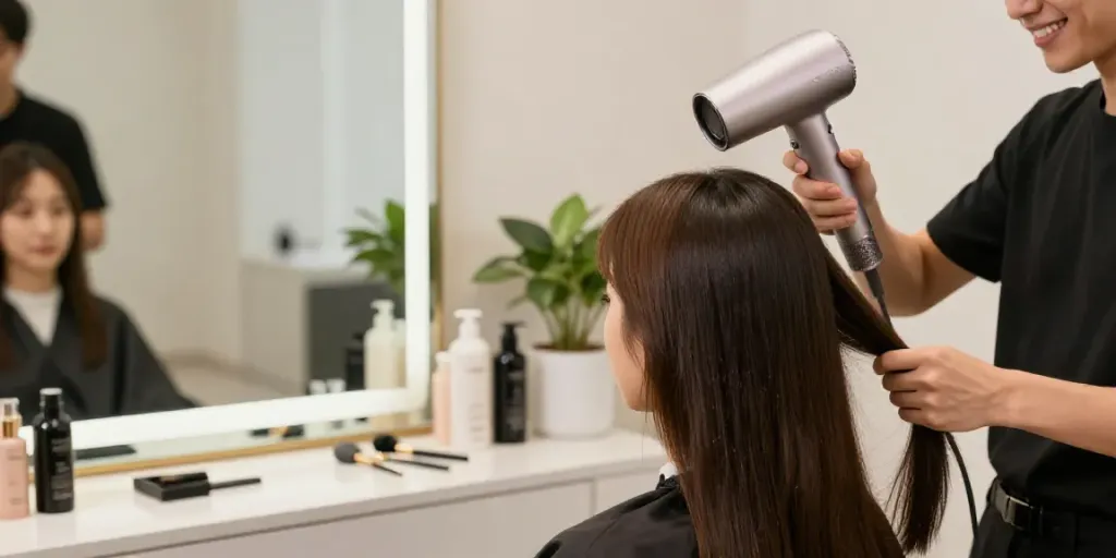 Professioneller Stylist nutzt den laifen air pro Haartrockner für glänzendes Haar in einem modernen Schönheitssalon.