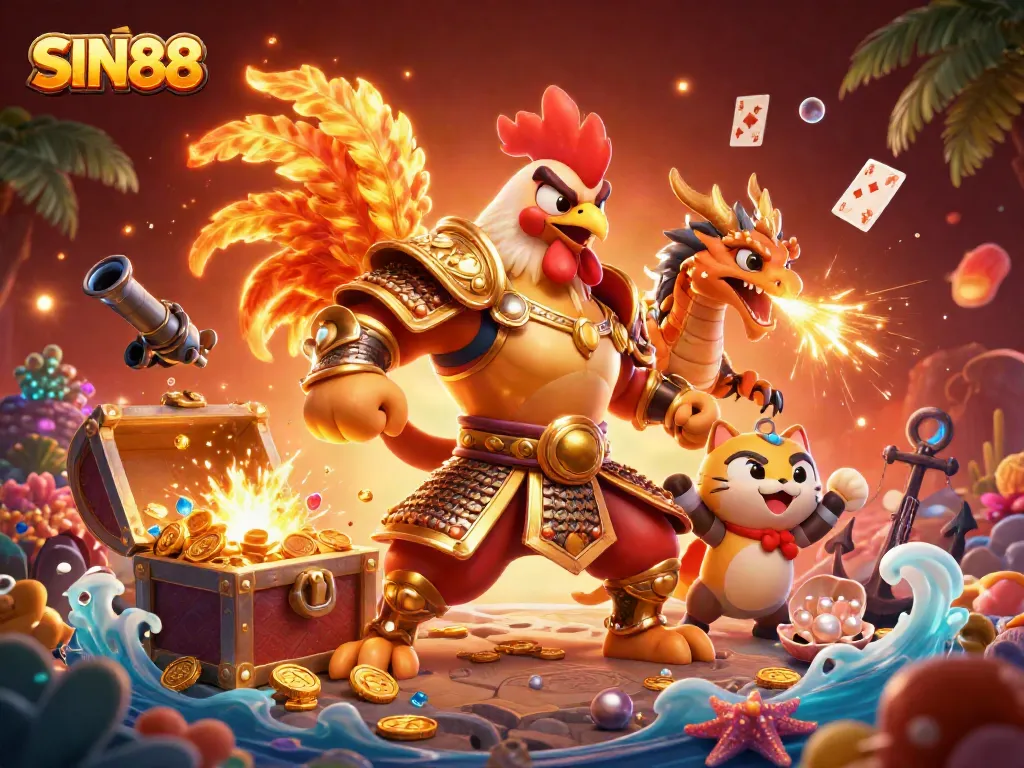 SIN88 casino battle scene featuring a golden samurai rooster and dragon hatchling amidst treasure and cards