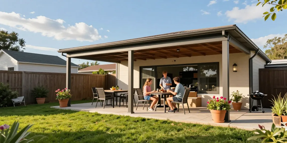 Familie genießt eine freistehende Terrassenüberdachung während eines Sonnenbarbecues im Garten