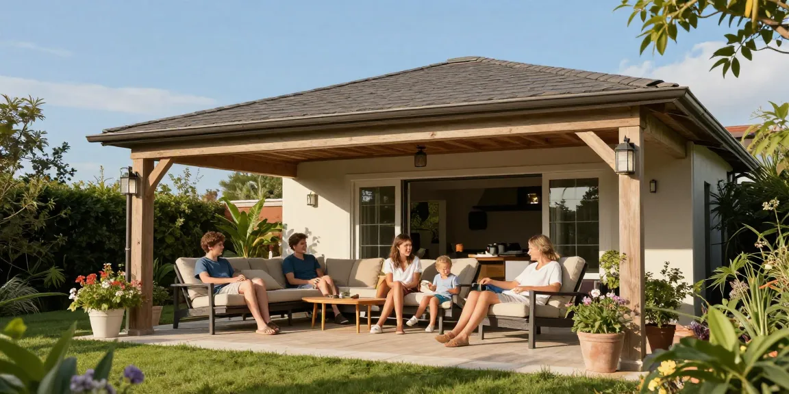 Terrassenüberdachung freistehend im Garten mit Familie, die die Sonne genießt.