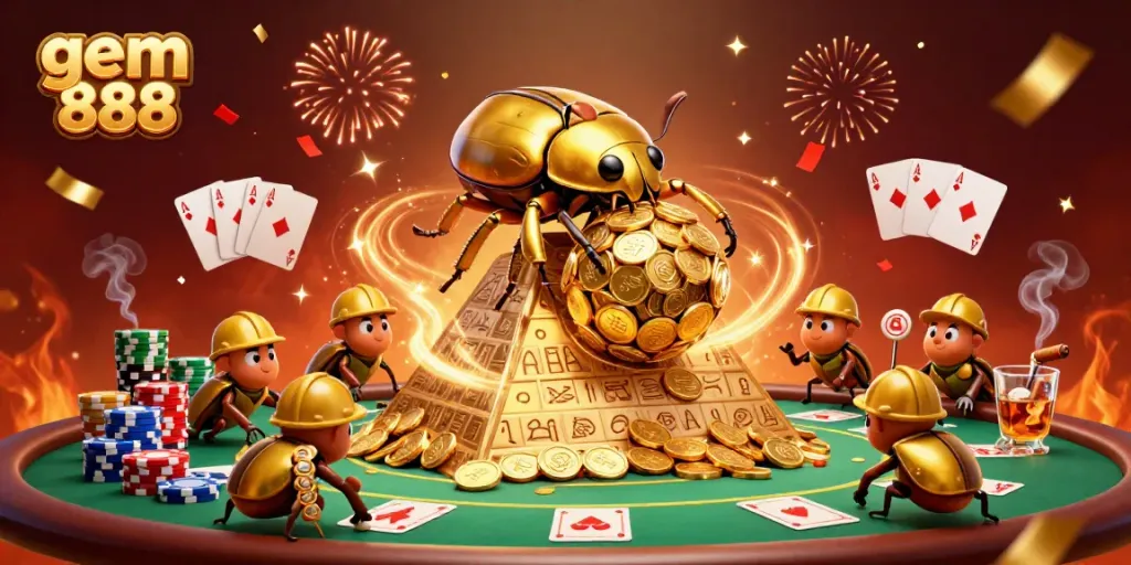 Experience the thrill of gem 888 with a massive golden beetle rolling a coin ball alongside tiny helpers in a vibrant casino scene.
