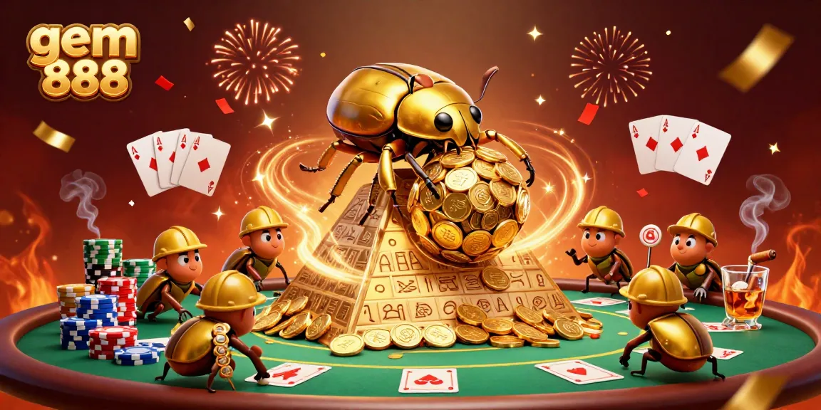 Experience the thrill of gem 888 with a massive golden beetle rolling a coin ball alongside tiny helpers in a vibrant casino scene.