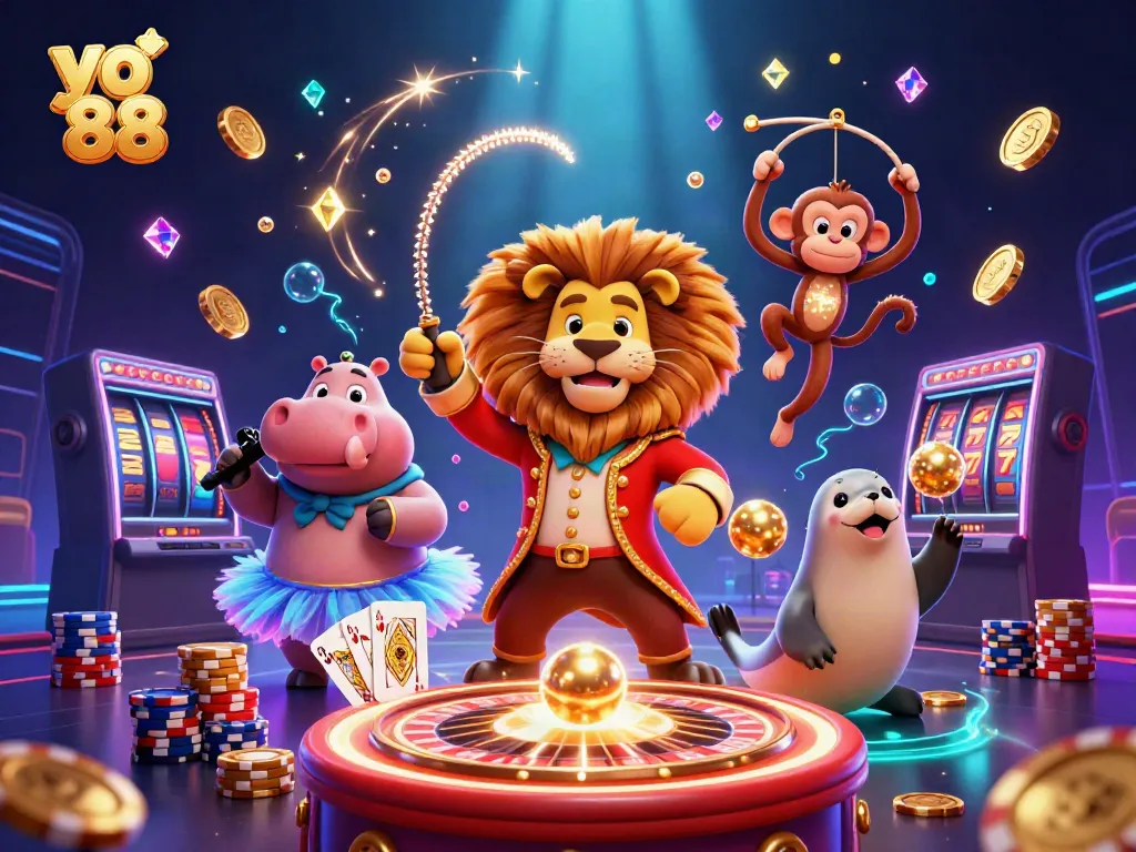 Experience thrilling gaming adventures with yo 88 at this vibrant casino illustration featuring lively characters and dazzling elements.