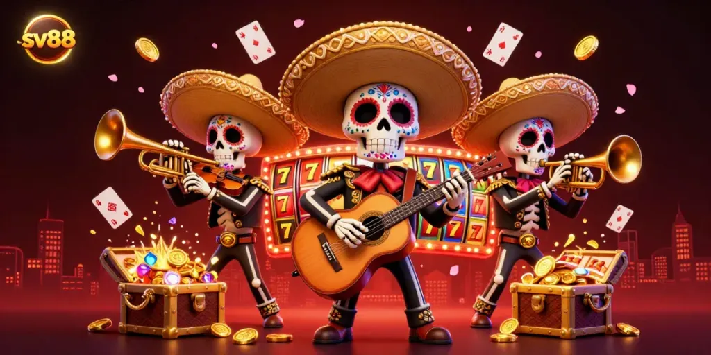 Join the fiesta at sv88 with a vibrant Day of the Dead mariachi band surrounded by exciting casino elements.