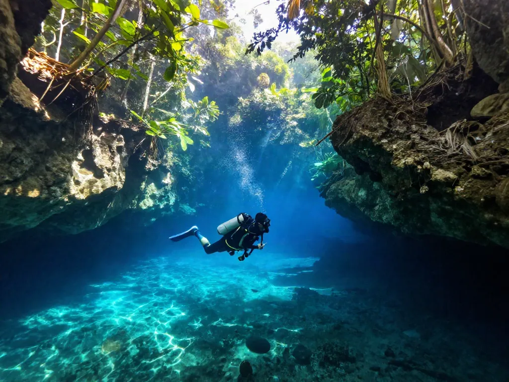 Cenoten in Mexiko: Taucher entdeckt die magische Unterwasserwelt einer Cenote.