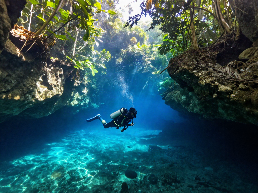 Cenoten in Mexiko: Taucher entdeckt die magische Unterwasserwelt einer Cenote.