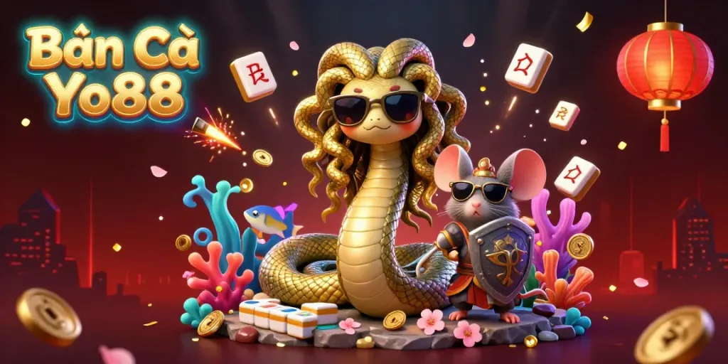 Bắn Cá Yo88 showcases a vibrant 3D illustration of a fish shooting game with friendly characters and dynamic underwater elements.