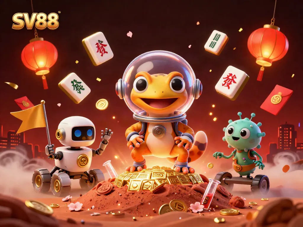 SV88 showcases a Martian gecko uncovering a golden casino, bursting with lively gambling elements.