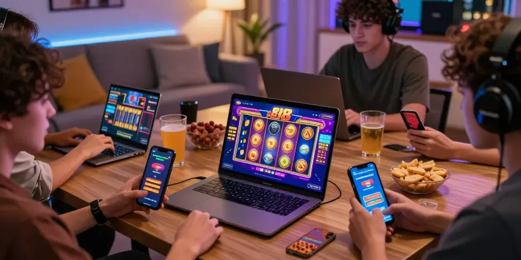 Players enjoying slot88 alternatif gaming on devices in a vibrant living room.
