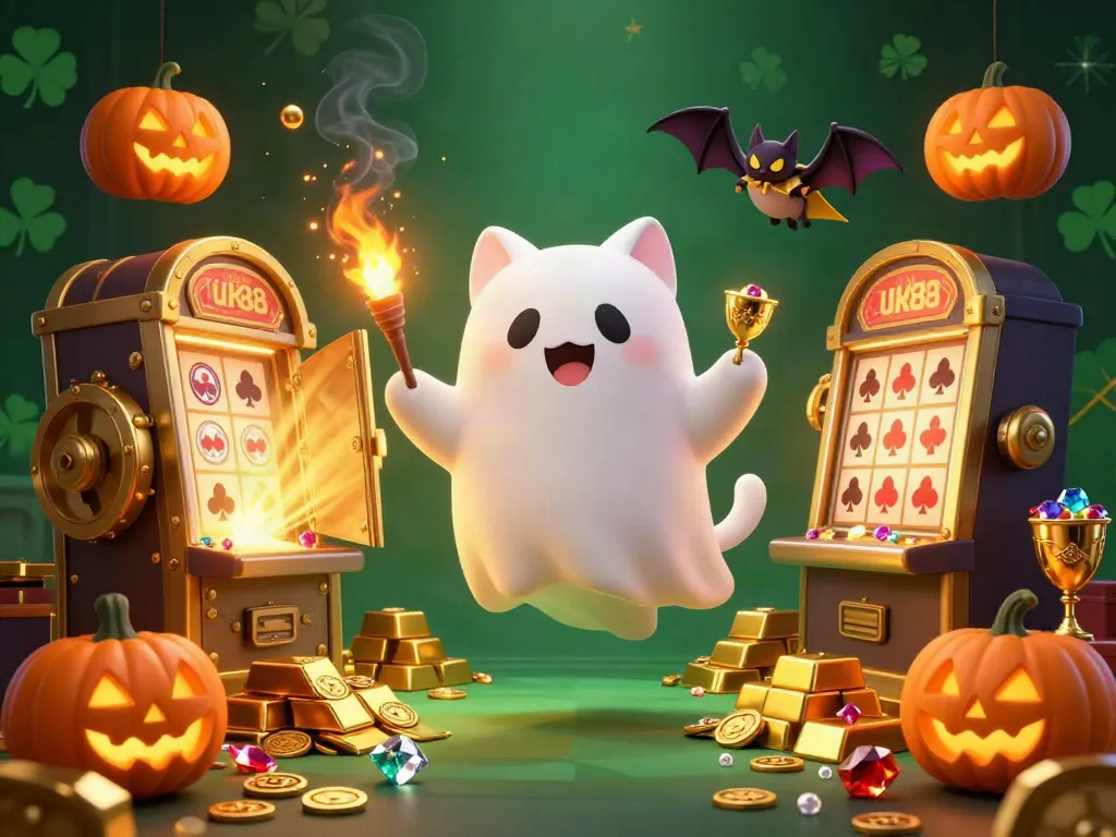 Experience thrilling slots at uk88 with a ghost cat and vampire bat in a haunted casino.