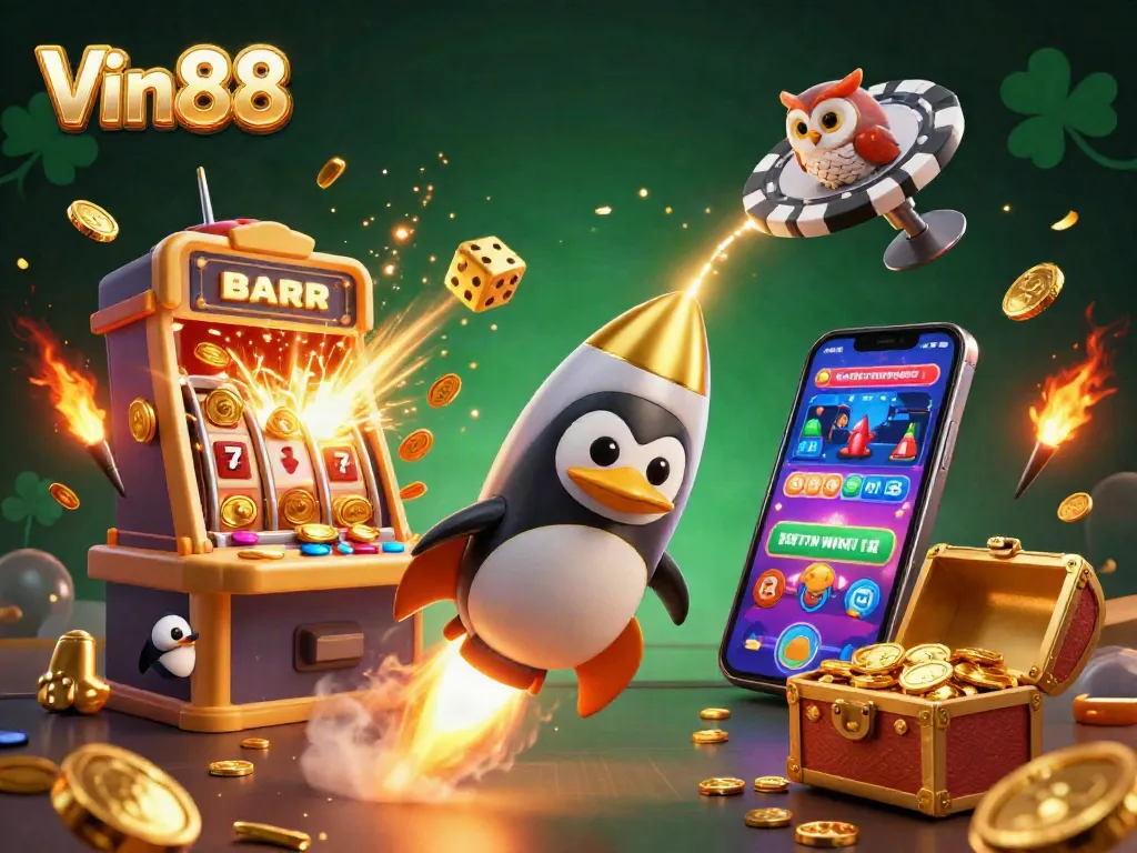 Experience Vin 88 action with a golden penguin, jackpot slots, and casino excitement!