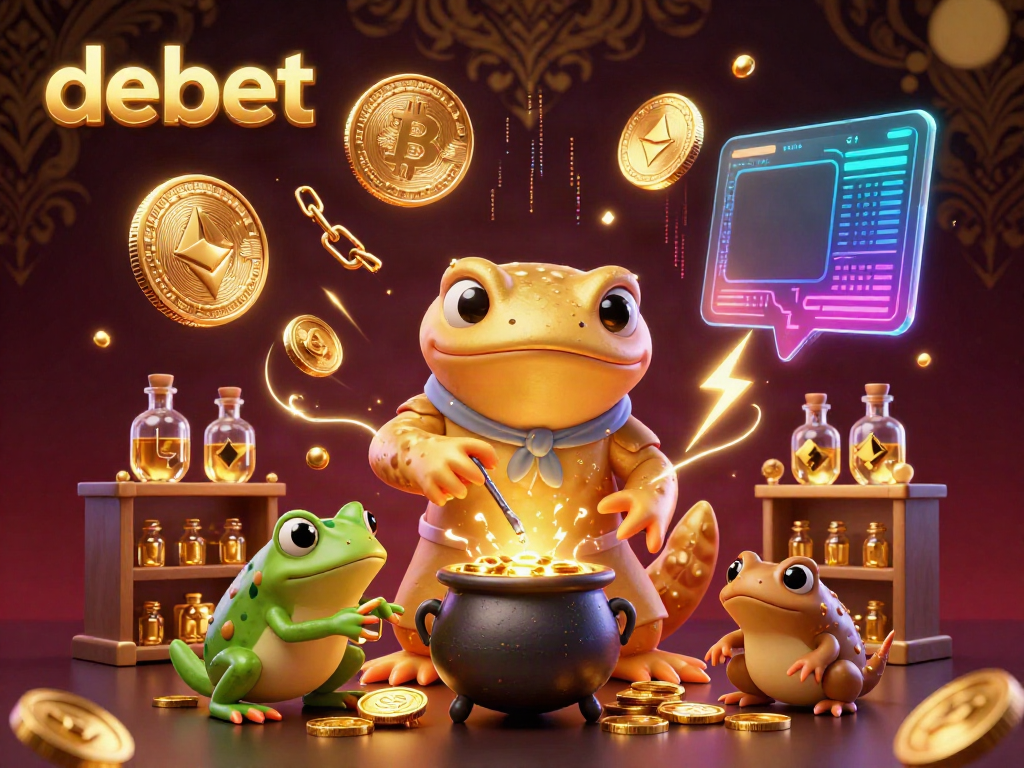 Engage in exciting gameplay at debet, featuring a whimsical alchemist and crypto elements in a dynamic digital casino.