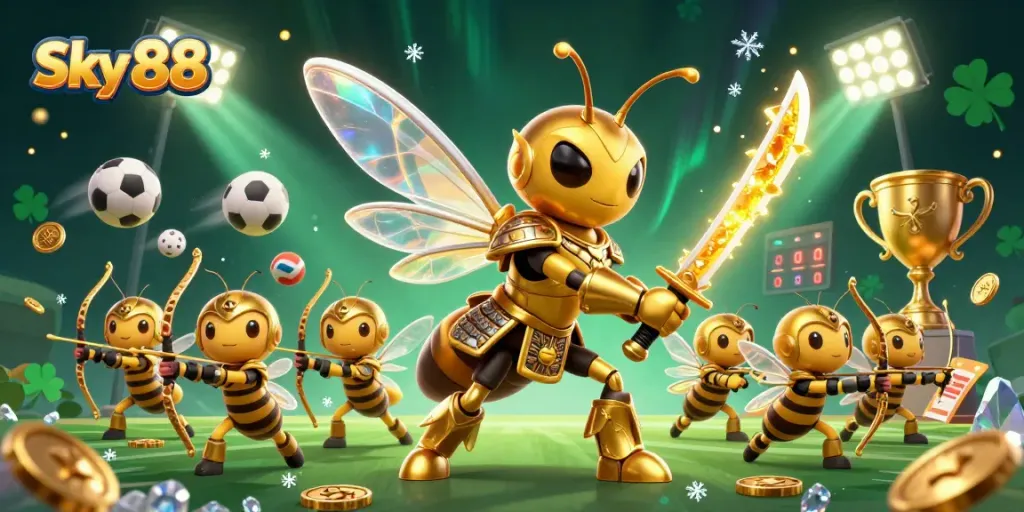 Engage with Sky 88's thrilling casino experience featuring dynamic gold and light effects.