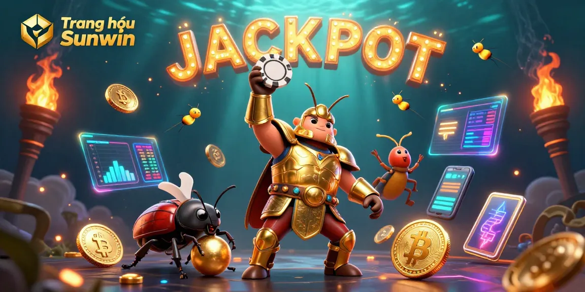 Experience victory at Trang chủ Sunwin with a cartoon hercules beetle celebrating a poker win amid glowing crypto coins.