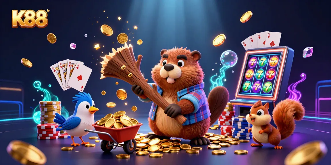 K88 captivates players with a vibrant 3D casino scene of a beaver and friends collecting golden coins.